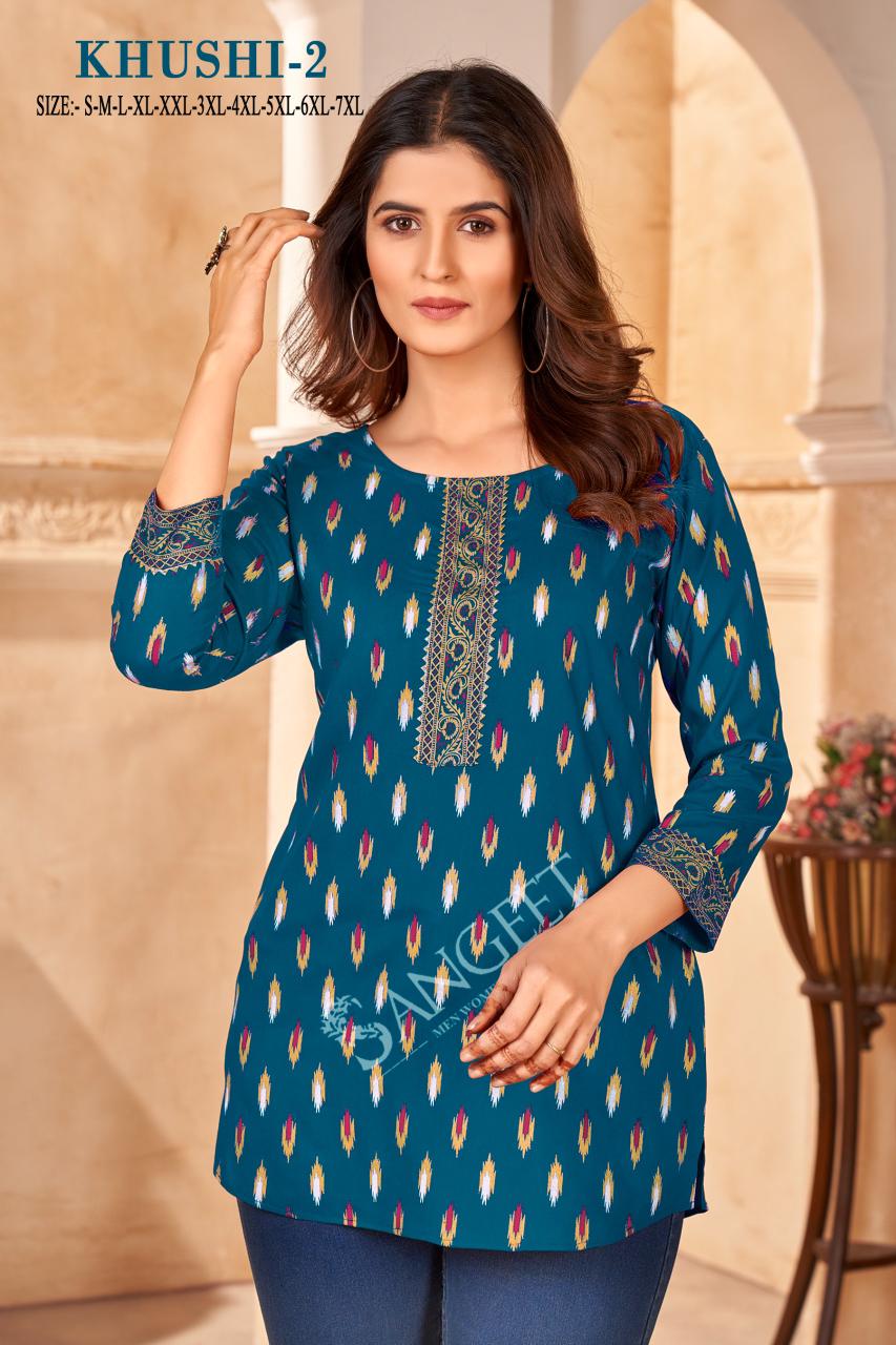 Khushi 2 By Sangeet Rayon Gold Print Short Kurtis Wholesale Market In Surat
